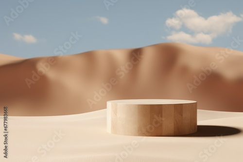 Empty stone podium for product display on a pile of sand with blue sky