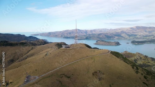 Sugarloaf Hill communication tower and Port Hills aerial landscape. New Zealand photo