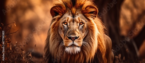 In the wilds of Africa a majestic male lion emerges from the dense natural habitat showcasing its regal nature as I capture its close up portrait highlighting the immense beauty and power o © TheWaterMeloonProjec