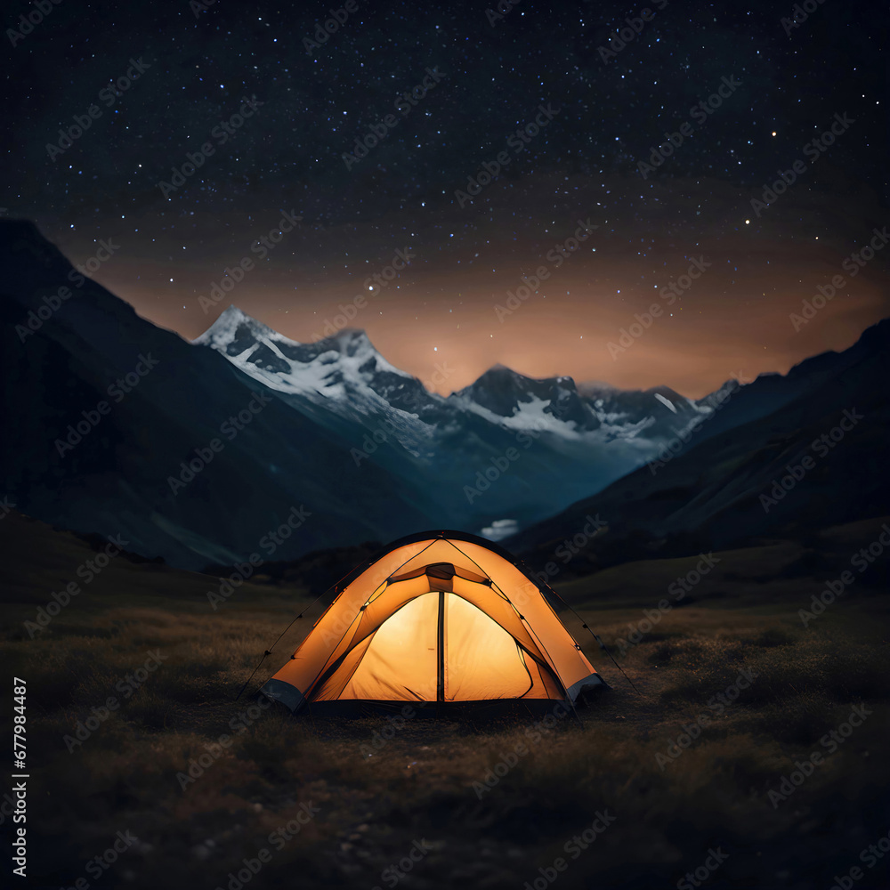 Glowing camping tent in a mountain valley with stars in night sky