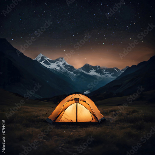 Glowing camping tent in a mountain valley with stars in night sky
