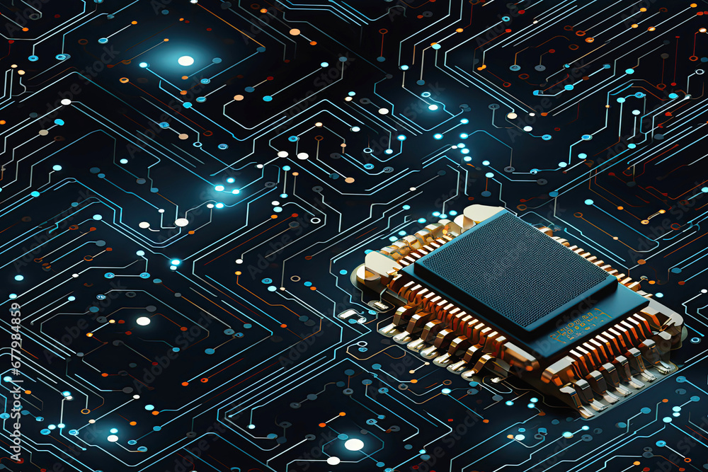 seamless pattern with texture of digital circuit lines connecting a chip and microchip on an electronic motherboard on dark background