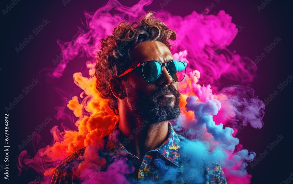 Man wearing sunglasses is smoking a cigarette, colorful neon smoke Man wearing sunglasses is smoking a cigarette, colorful neon smoke