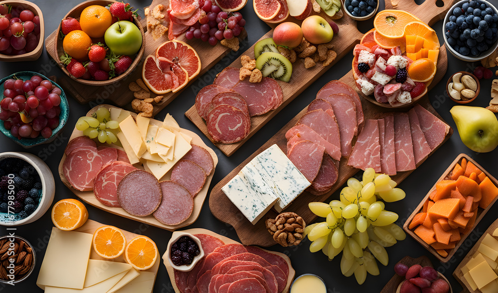 Fototapeta premium Set of different delicious appetizers served. Cheese and charcuterie variety board