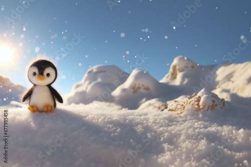 bébé pingouin dans la neige par une belle journée ensoleillée d'hiver. Espace négatif texte