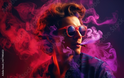 Man wearing sunglasses is smoking a cigarette, colorful neon smoke