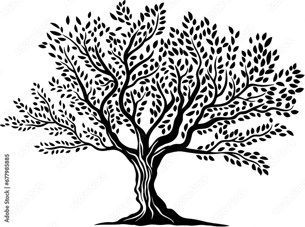 Fototapeta premium Olive tree isolated silhouette symbol. Vegetarian and mediterranean food, agriculture company or olive oil production vector symbol. Environment and ecology sign with farm orchard old tree crown