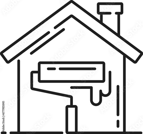 Real estate icon. House renovation line sign. Home repair company, dwelling or apartment renovation service thin line pictogram, real estate property outline sign with paint roller brush and house