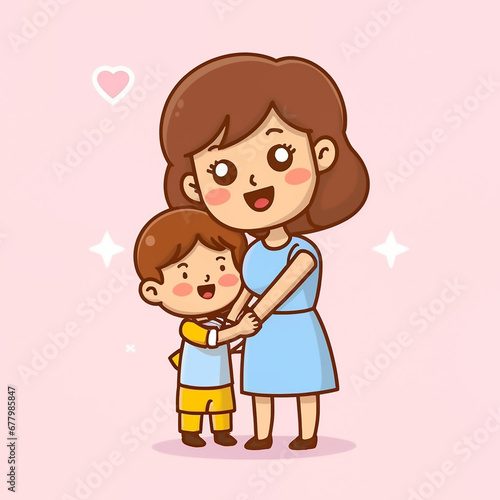 2d watercolor and hand drawn illustrated cute mother and child .Suitable for Mother's Day