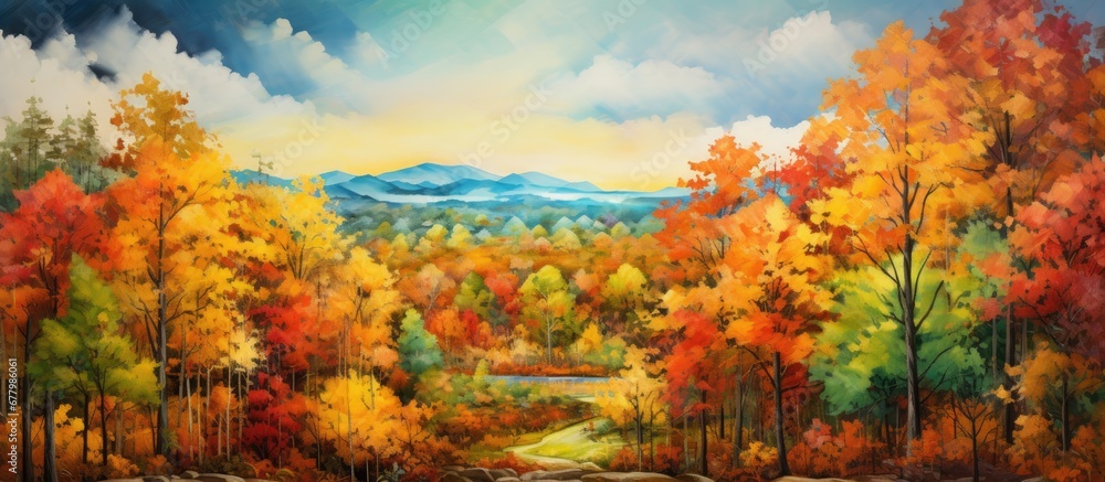 scenic landscape amidst a lush green forest the abstract beauty of nature unfolds with the vibrant colors of autumn as the sky is painted with hues of red and every tree and leaf is adorned
