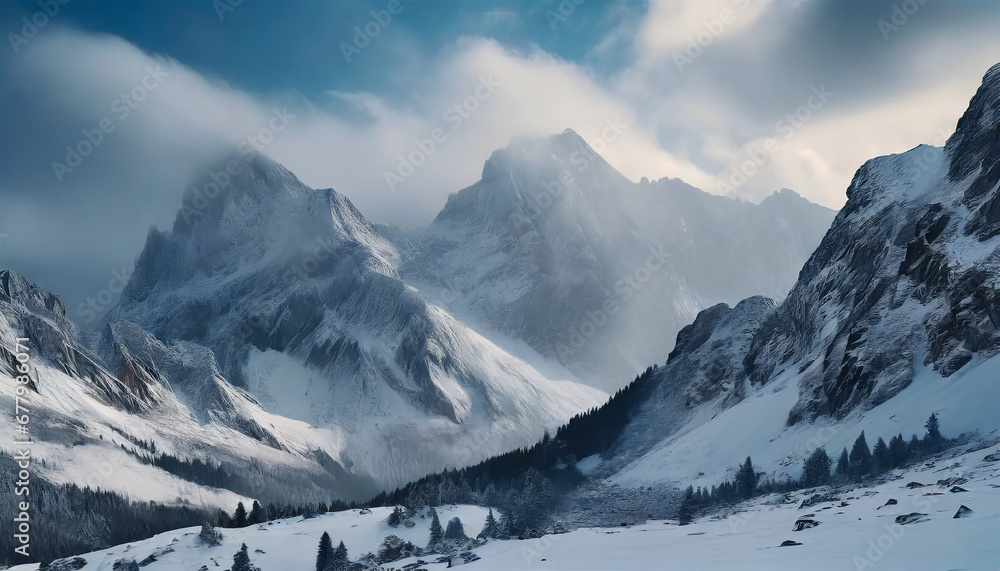 A rocky mountain landscape, dusted with snow, as a cold breeze sweeps through, creating a serene and wintry alpine setting.
