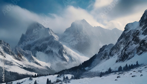 A rocky mountain landscape, dusted with snow, as a cold breeze sweeps through, creating a serene and wintry alpine setting.