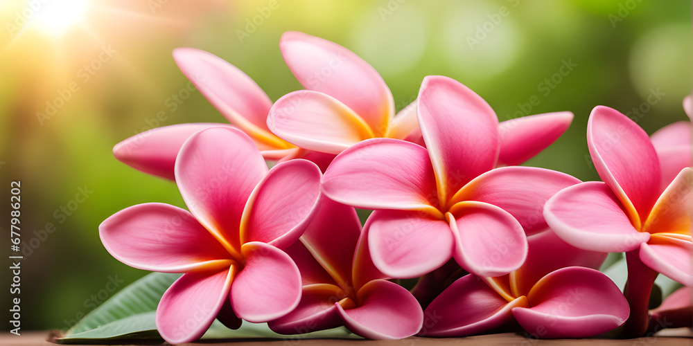pink frangipani flowers . plumeria flowers and green leaves. pink frangipani flowers . plumeria flowers and green leaves.