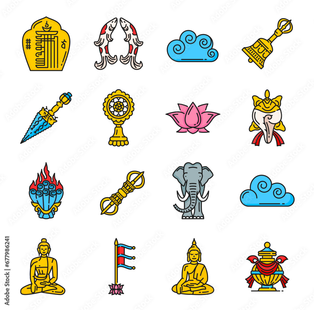 Buddhism religion icons and religious symbols of Dharma, vector lotus and Buddha. Tibetan Buddhism religious signs of victory banner, wish granting jewel and sacred elephant with Dharmachakra - obrazy, fototapety, plakaty 