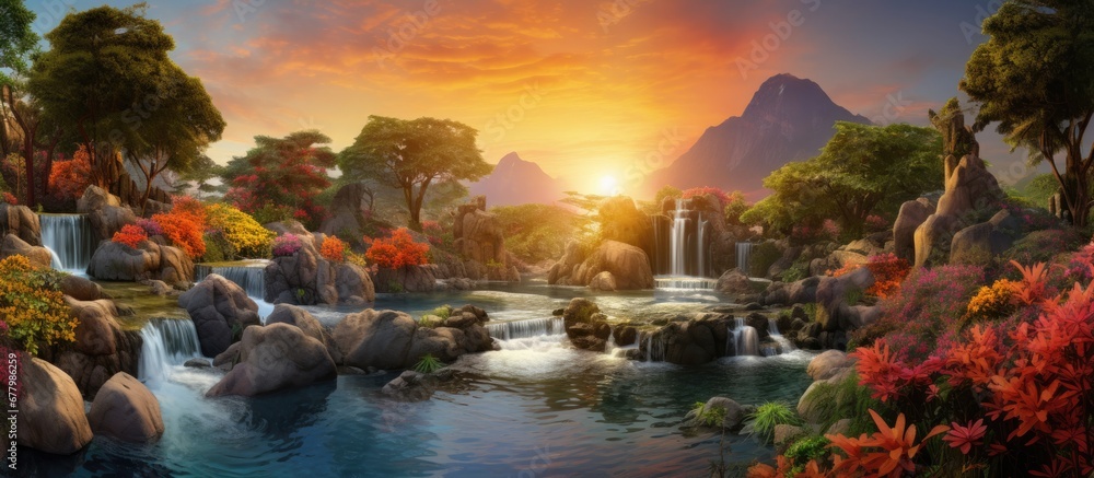 serene backdrop of a lush garden adorned with a myriad of colorful flowers a shimmering gold and white fish swam gracefully crystal clear waters contrasting against the black rocks As the vi