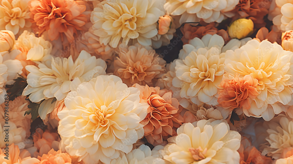 orange and yellow softpastel flowers autumn chrysanthemums and dahlias pastel background september realistic nature
