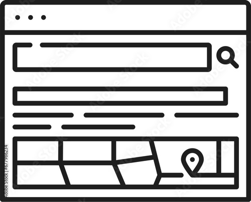 Local search results, SERP icon of search engine result page in web and internet advertising, line vector. Local search results website or web page for SERP or SEO marketing in outline icon