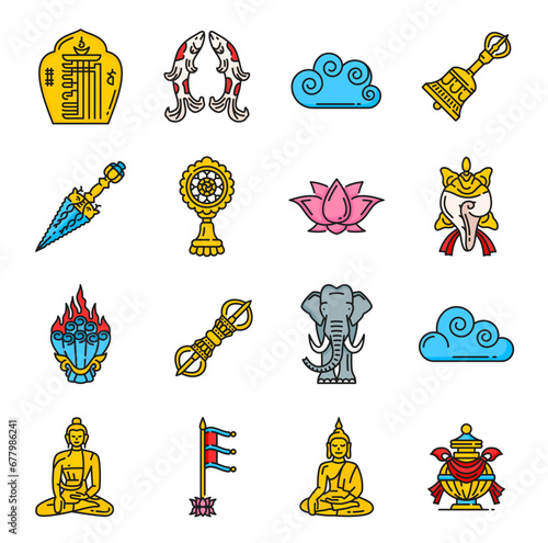 Buddhism religion icons and religious symbols of Dharma, vector lotus and Buddha. Tibetan Buddhism religious signs of victory banner, wish granting jewel and sacred elephant with Dharmachakra