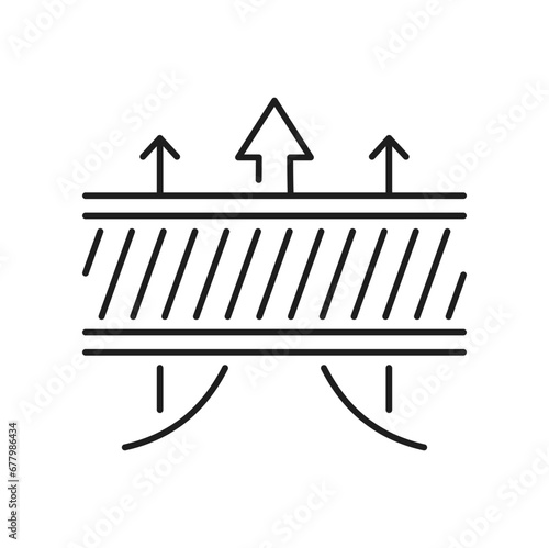 Breathable material layer icon, waterproof level outline sign. Vector liquid resistant surface, layers and arrows up, fabric filters sign
