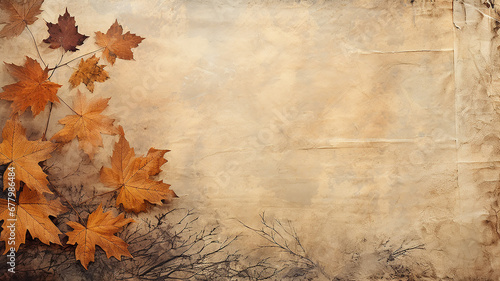 background with copy space  ancient parchment paper  with a frame of ornaments of autumn branches and leaves  autumn blank
