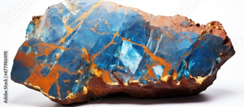 On a white background an isolated stone an igneous rock reveals veins of copper ore in hues of blue with hints of yellow provided by the mineral azurite a decorative and inorganic marvel of photo