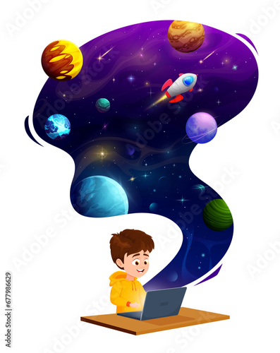Child boy with laptop dreaming about space flight and galaxy planets, vector poster. Cartoon kid boy dream of outer space and astronaut rocket spaceflight to extraterrestrial galaxy world planets