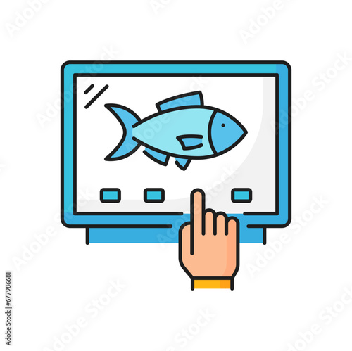 Fishing industry frozen fish ordering line icon. Seafood product, frozen fish processing or manufacture, aquaculture production equipment outline vector sign. Fishing industry technology pictogram