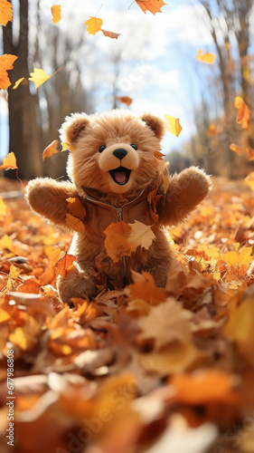 freedom plush abstract generated bear kicks autumn leaves in the park  October unusual change children s calendar