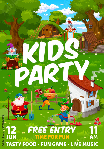 Kids party flyer with cartoon fairytale funny gnomes at village. Vector poster of cute gardener gnomes, reader dwarf and aviculturists elf characters with beards and hats, magic forest tree houses