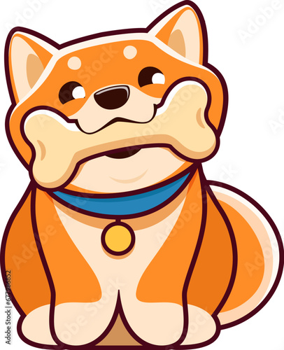 Cartoon kawaii cute pet shiba inu dog and puppy character sits sweetly with a bone, its eyes shining with excitement. Heartwarming vector image that captures the loyal and playful furry friend