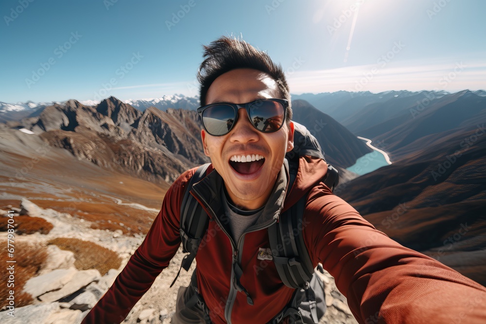 Portrait of Asian Male Hiker with Sunglasses Take a Selfie on Top of Mountain, Happy Traveller Man Smiling and Looking at the Camera. Portrait of Asian Male Hiker with Sunglasses Take a Selfie on Top of Mountain, Happy Traveller Man Smiling and Looking at the Camera.