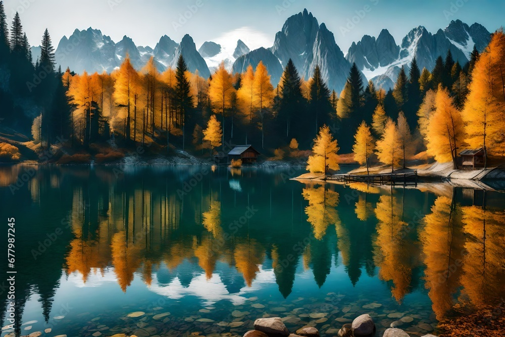 Peaceful autumn scene of lake with Dachstein glacieron background