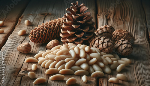 Peeled pine nuts with several pine cones on a wooden table. Healthy food concept. Ai generative