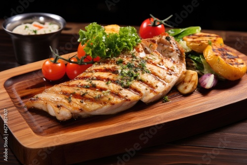 Grilled snapper fish steak with vegetable isolated on black background. Generative AI
