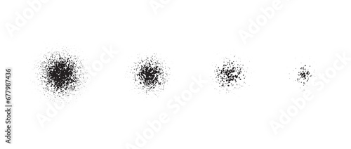 Stippled radial brush stroke set. Grain gradient collection. Grunge sprinkle spray texture. Dirty dust or sand noise round elements. Splattered dotted overlay. Grungy splashed stains spots vector pack