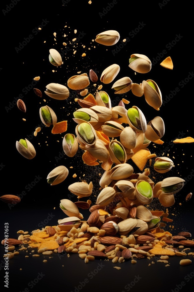 Pistachios and nuts food explosion on black background Pistachios and nuts food explosion on black background