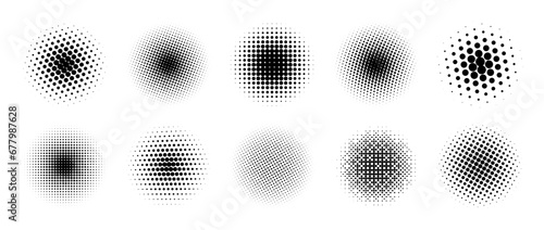 Halftone gradient circles collection. Dots textured round patterns. Cartoon comic radial faded background set. Abstract pixelated elements for frame, poster, collage, banner, flyer. Vector bundle