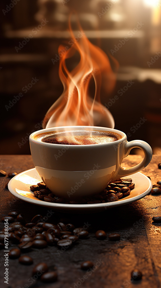 custom made wallpaper toronto digitalHot coffee in a white coffee cup With steam rising from the cup and lots of coffee beans placed around.