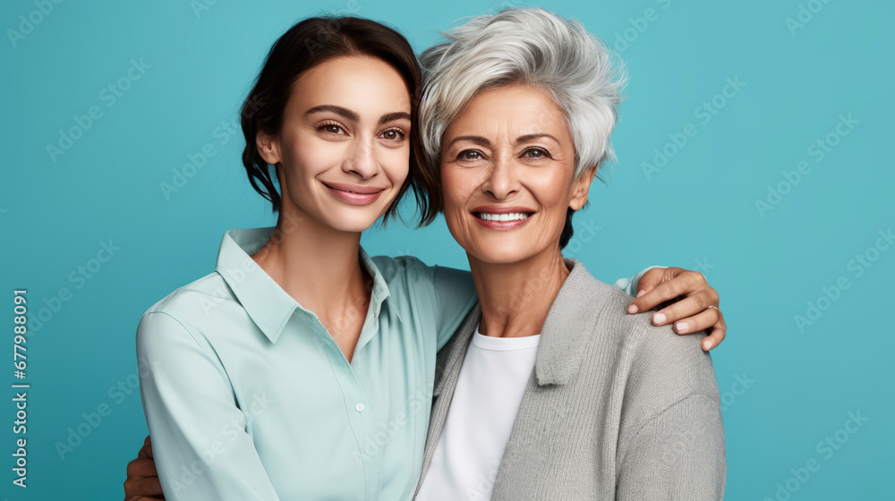 Lovely fun smiling happy caucasian elder parent mom and daughter hugging on a blue background. Parent-Child Relationships. AI generated Lovely fun smiling happy caucasian elder parent mom and daughter hugging on a blue background. Parent-Child Relationships. AI generated