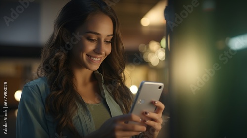 Happy woman looking at phone communicating with someone