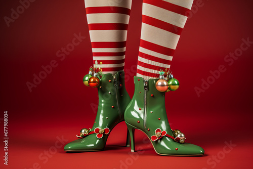 Close up of festive christmas elf legs with striped tights on a bright coloured background