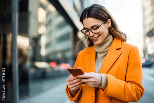 Smiling Business woman reading a text on her smartphone standing on city street wearing orange business suit