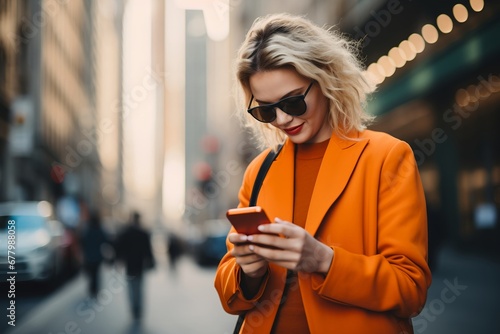 Smiling Business woman reading a text on her smartphone standing on city street wearing orange business suit