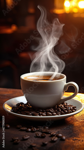 Hot coffee in a white coffee cup With steam rising from the cup and lots of coffee beans placed around.