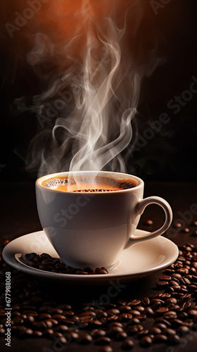 Hot coffee in a white coffee cup With steam rising from the cup and lots of coffee beans placed around.