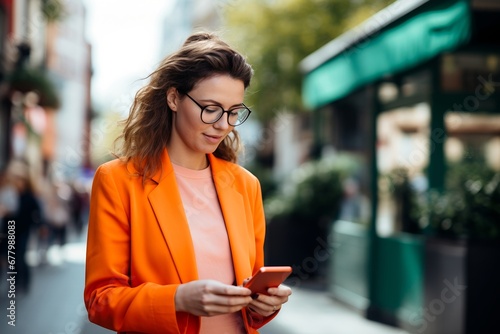 Smiling Business woman reading a text on her smartphone standing on city street wearing orange business suit