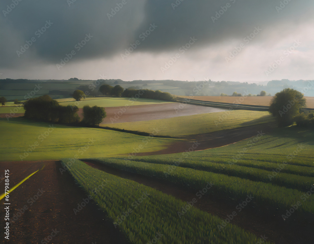 A rural farmland during a gentle rain in Normandy, France, with crops glistening in the moisture and the earthy scent of petrichor in the air.