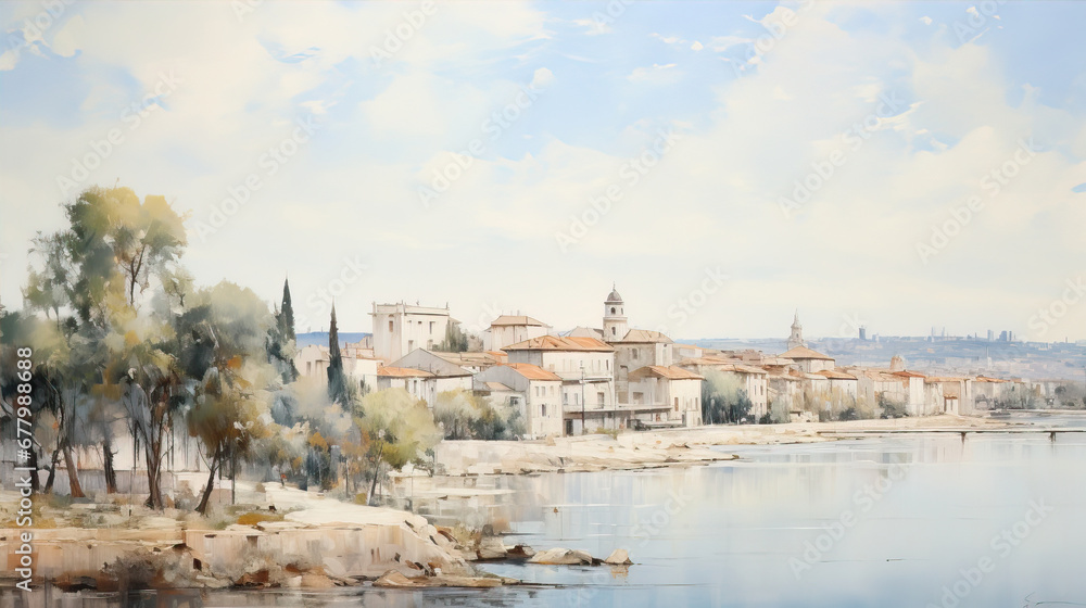A small Italian town on the lake. Watercolor drawing