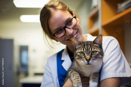 a female pet vet hugging a cat bokeh style background