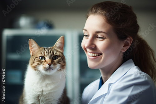 a female pet vet hugging a cat bokeh style background